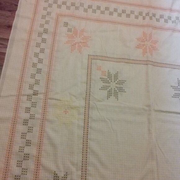 Vintage Embroidered Tablecloth Light Yellow 44" x 94" with Orange Brown Yellow - Picture 2 of 6